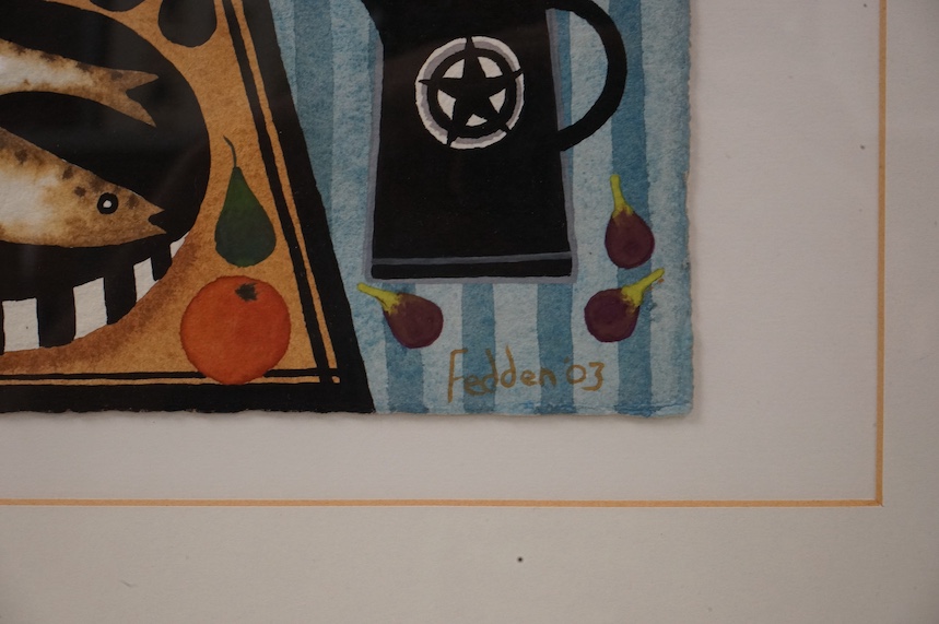 After Mary Fedden (1915-2012), watercolour and gouache, coastal table top still life, bears signature and date 2003, 15.5 x 21cm. Condition - good
